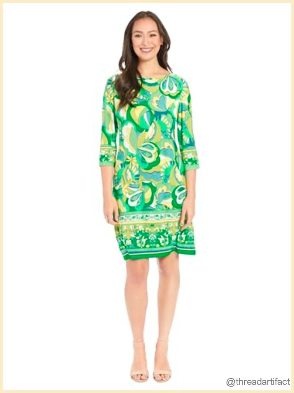 3/4 Sleeve Shift Dress, Boat Neck, Casual Floral Polyester-Spandex